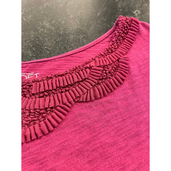 Ann Taylor LOFT 100% Cotton Raspberry Pink tee with ruffle neckline XS - Picture 7 of 7